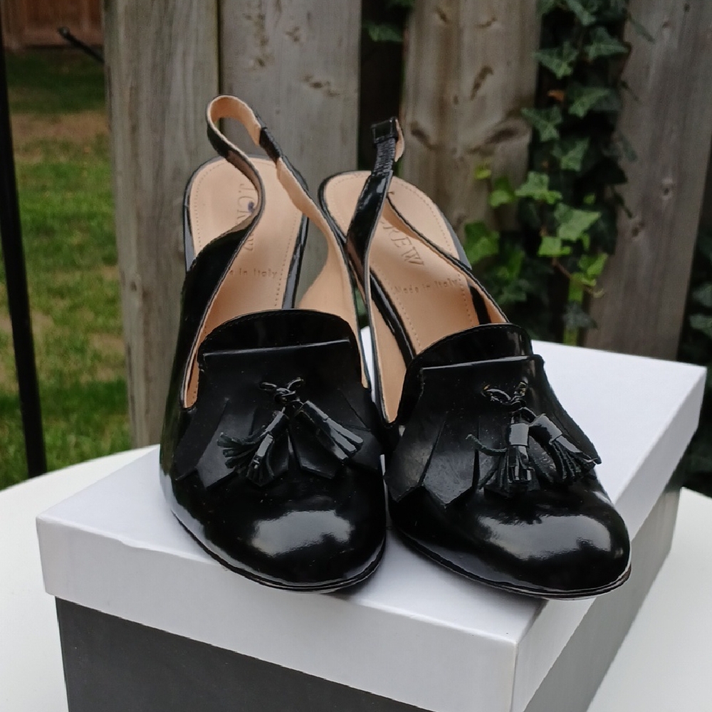 J Crew Black Patent Leather Slingback Heels